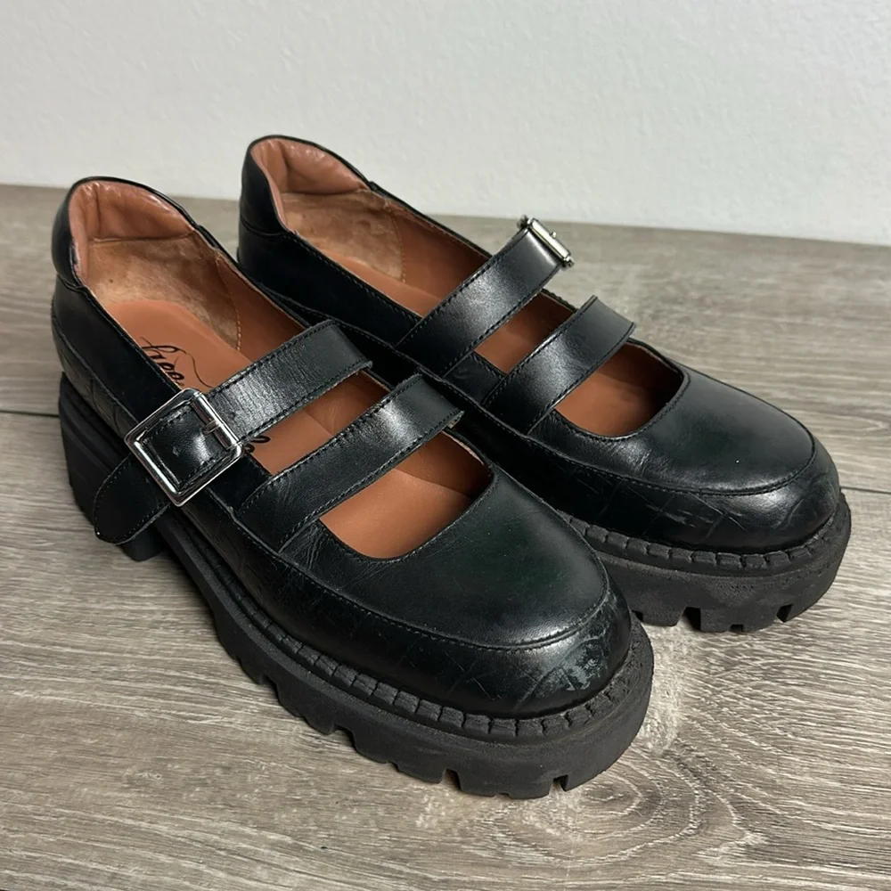 Free People Black Chunky Platform Mary Jane Loafers